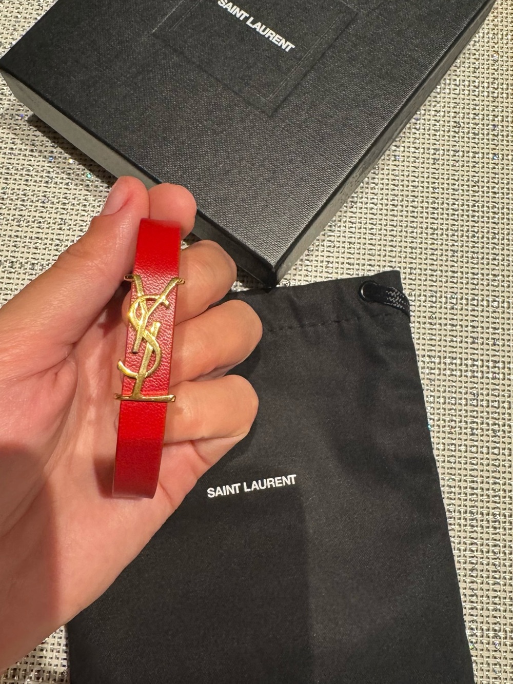Saint Laurent Red Leather Bracelet with Gold YSL Emblem